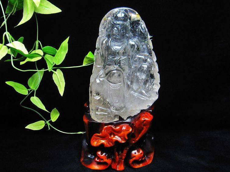1.5Kg クリスタルクォーツ 水晶 彫刻品 オブジェ 置き物 手彫り観音置物 台座付属 一点物 154-2