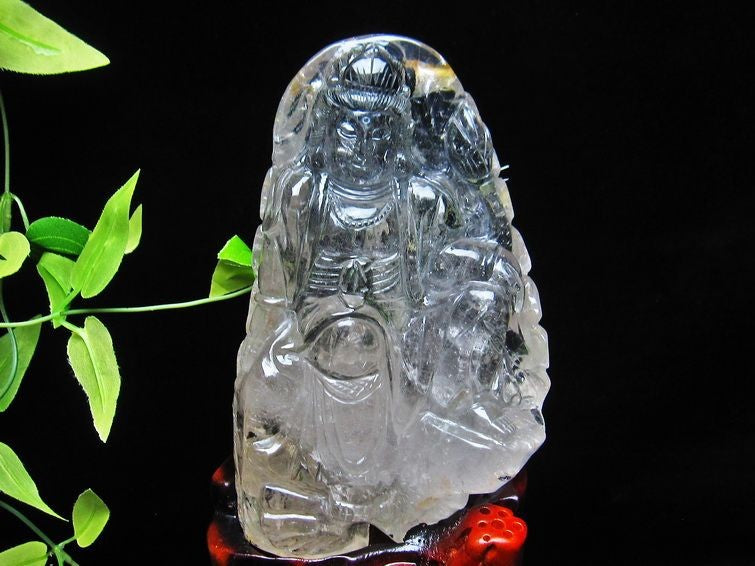 1.5Kg クリスタルクォーツ 水晶 彫刻品 オブジェ 置き物 手彫り観音置物 台座付属 一点物 154-2