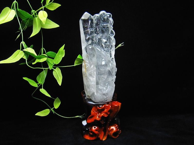 1Kg クリスタルクォーツ 水晶 彫刻品 オブジェ 置き物 手彫り観音置物 台座付属 一点物 154-3