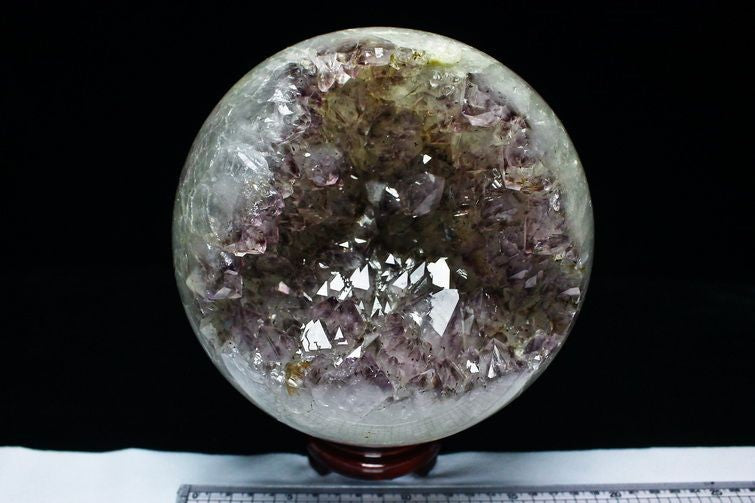 6.5Kg アメジスト 紫水晶 笑口丸玉 Amethyst ブラジル産 ファントム ルチルクォーツ入り 台座付属 一点物 161-20