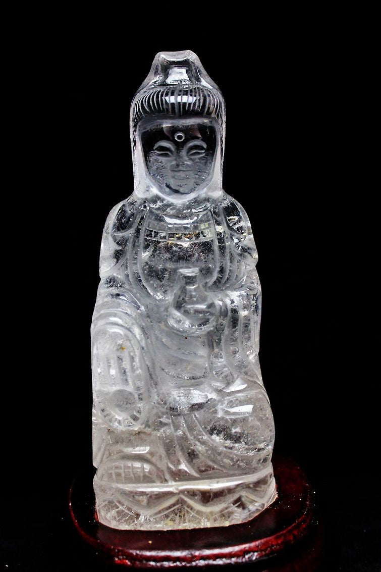 木製台付観音様 水晶 菩薩 仏像 開運 水晶 観音様 彫刻 (木製台座付き)