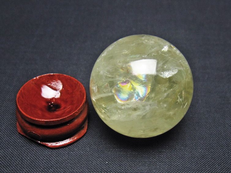 シトリン 丸玉 虹入り 33mm シトリンクォーツ スフィア 置物 一点物 141-7942