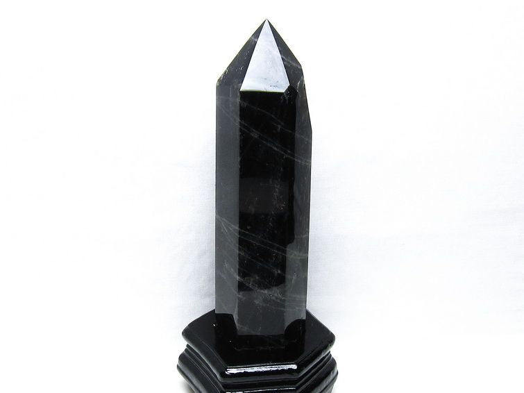 1.1Kg モリオン 六角柱 黒水晶 ポイント 置物 一点物 台座付属 152-4297