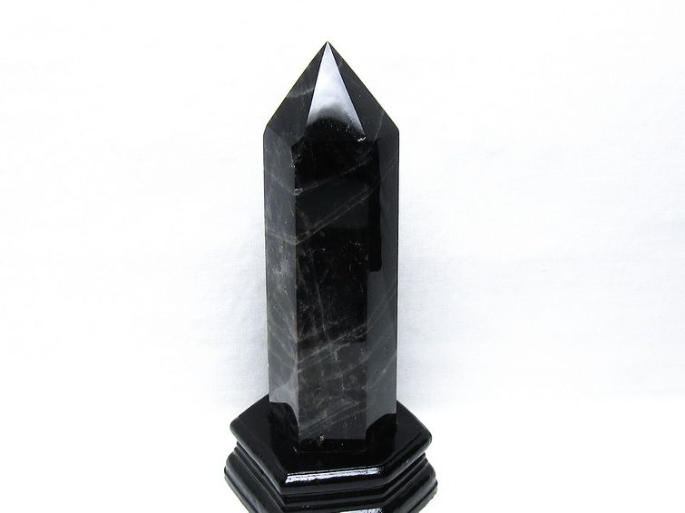 1.1Kg モリオン 六角柱 黒水晶 ポイント 置物 一点物 台座付属 152-4298