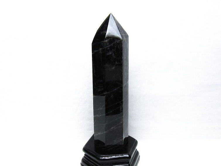1.1Kg モリオン 六角柱 黒水晶 ポイント 置物 一点物 台座付属 152-4300