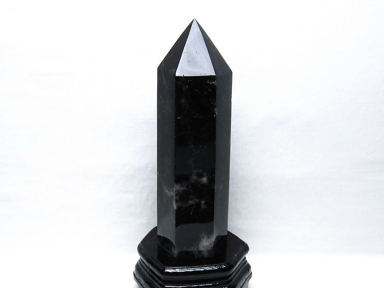 1.4Kg モリオン 六角柱 黒水晶 ポイント 置物 一点物 台座付属 152-4308
