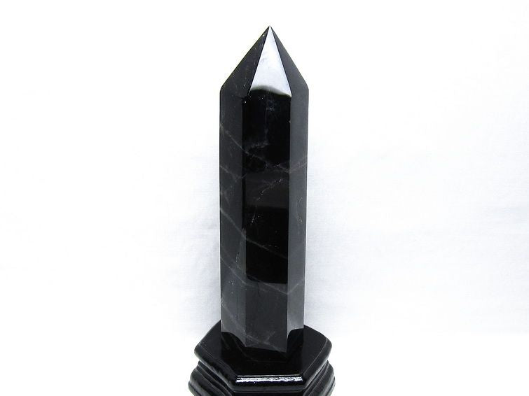 1.1Kg モリオン 六角柱 黒水晶 ポイント 置物 一点物 台座付属 152-4310