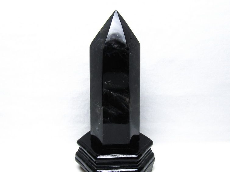 1.4Kg モリオン 六角柱 黒水晶 ポイント 置物 一点物 台座付属 152-4316