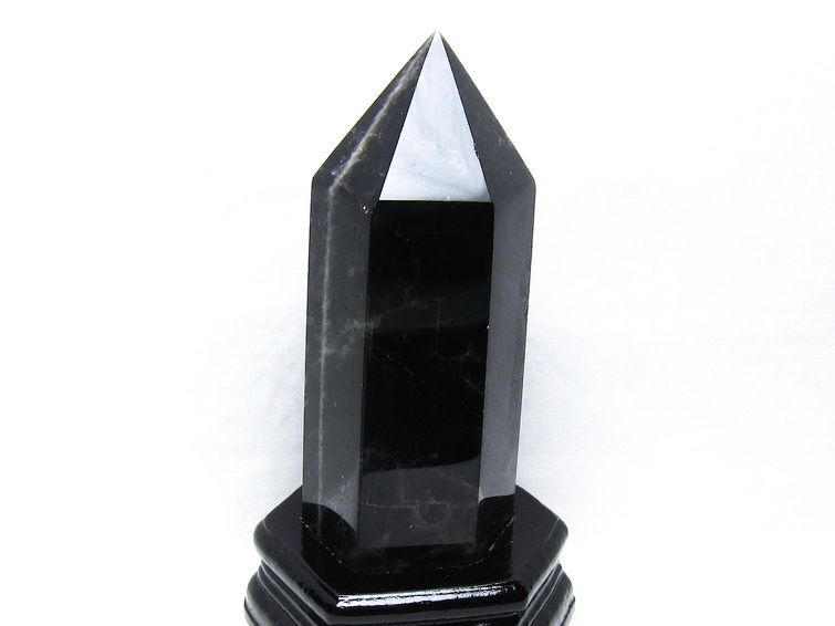 1.4Kg モリオン 六角柱 黒水晶 ポイント 置物 一点物 台座付属 152-4318