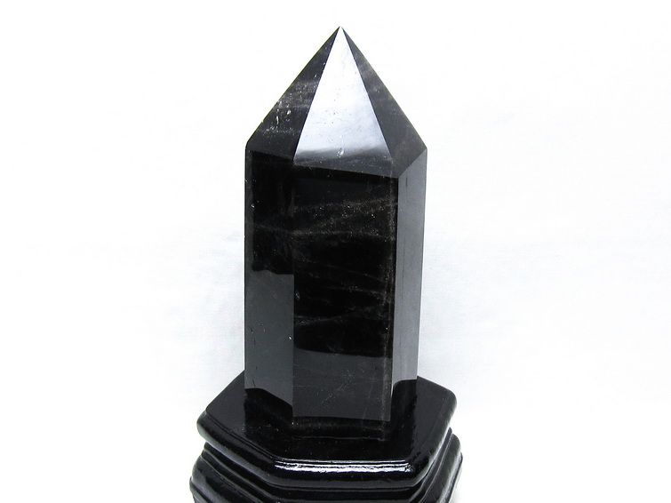 1.1Kg 黒水晶 六角柱 モリオン ポイント 置物 一点物 台座付属 152-4325