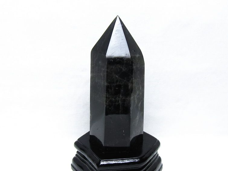 黒水晶 六角柱 モリオン ポイント 置物 一点物 台座付属 152-4329