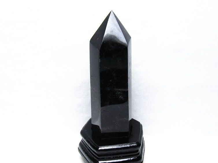 1Kg 黒水晶 六角柱 モリオン ポイント 置物 一点物 台座付属 152-4340