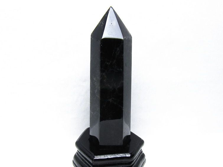 黒水晶 六角柱 モリオン ポイント 置物 一点物 台座付属 152-4341