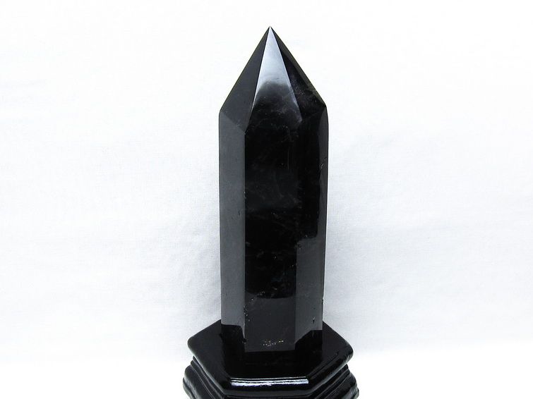 1Kg 黒水晶 六角柱 モリオン ポイント 置物 一点物 台座付属 152-4342