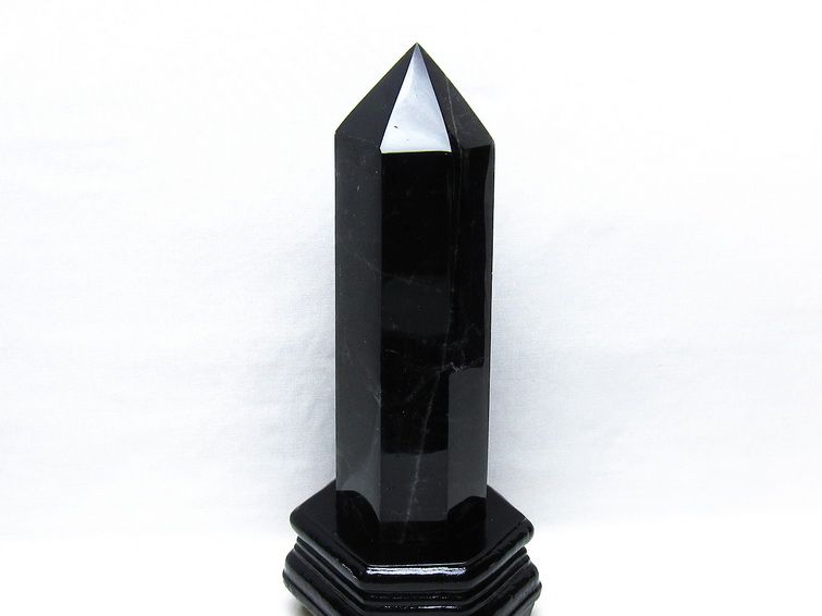 1.2Kg 黒水晶 六角柱 モリオン ポイント 置物 一点物 台座付属 152-4343