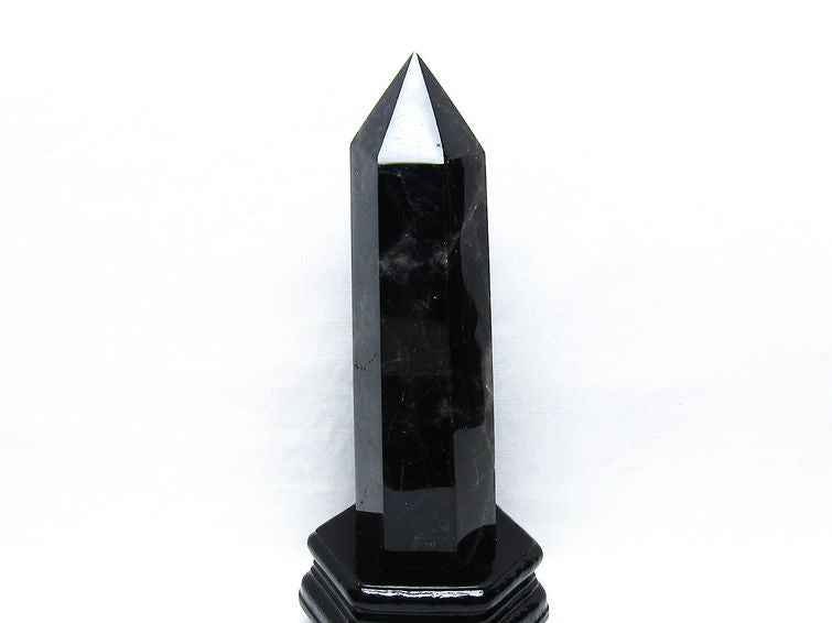 1Kg 黒水晶 六角柱 モリオン ポイント 置物 一点物 台座付属 152-4345