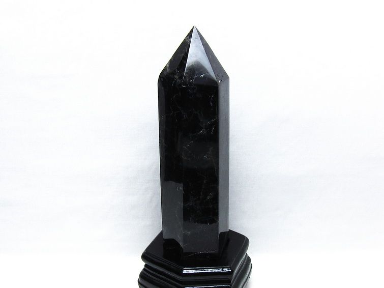 1.3Kg 黒水晶 六角柱 モリオン ポイント 置物 一点物 台座付属 152-4346