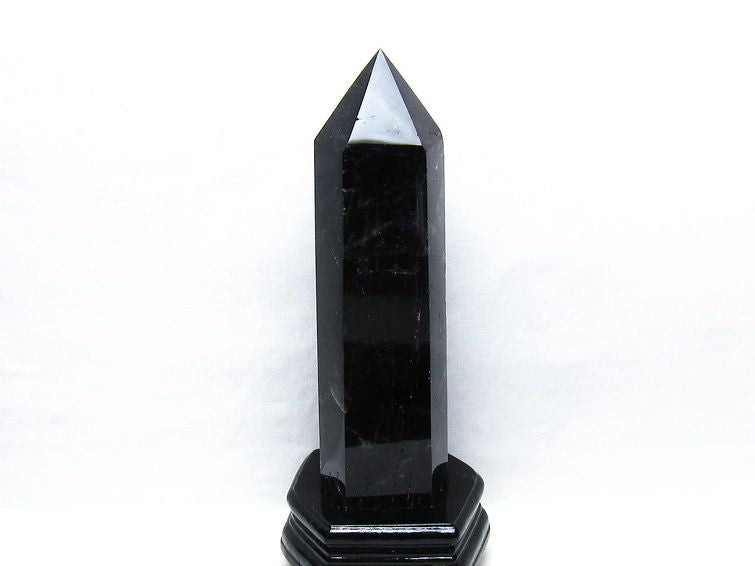 1.6Kg 黒水晶 六角柱 モリオン ポイント 置物 一点物 台座付属 152-4347