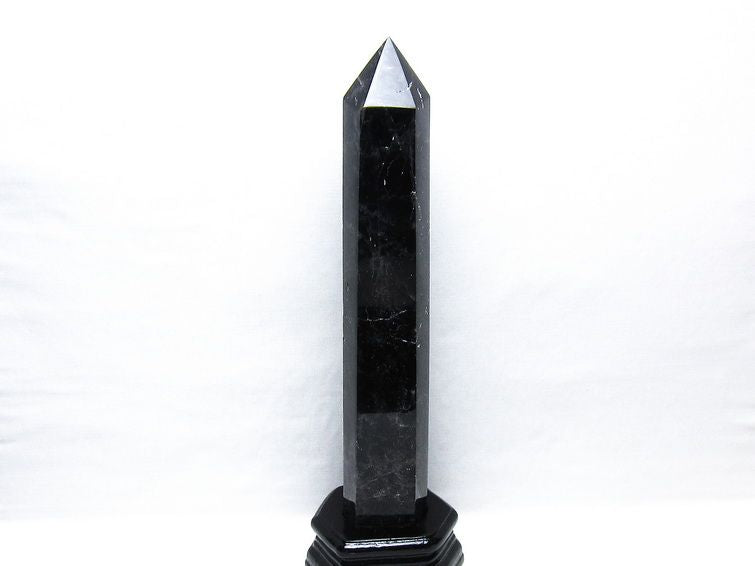 1.1Kg 黒水晶 六角柱 モリオン ポイント 置物 一点物 台座付属 152-4350