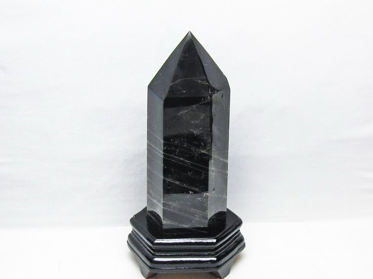 2.1Kg モリオン 六角柱 黒水晶 ポイント 置物 一点物 台座付属 162-442
