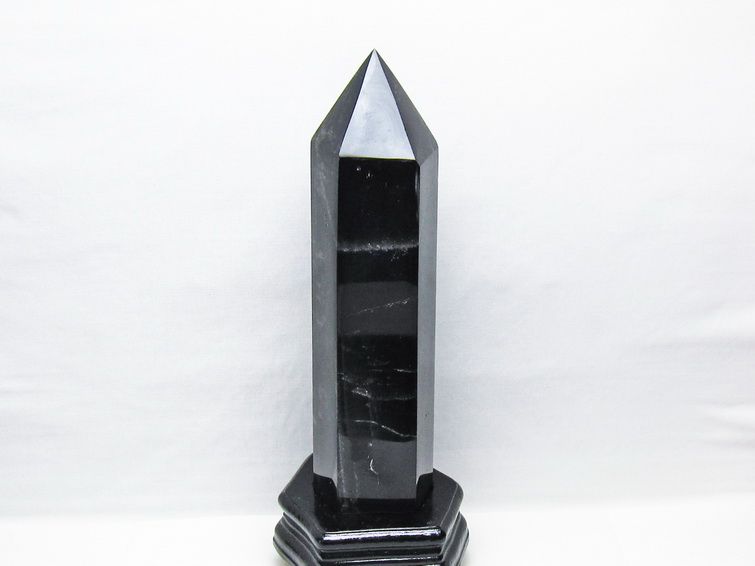 2.1Kg モリオン 六角柱 黒水晶 ポイント 置物 一点物 台座付属 162-444