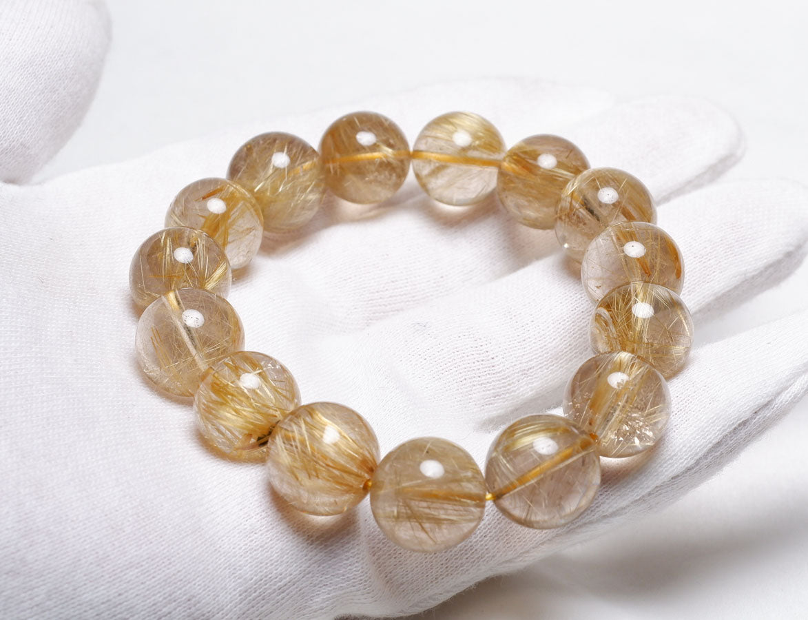 ゴールド タイチンルチルクォーツ ブレスレット 14mm 一点物 211-2417