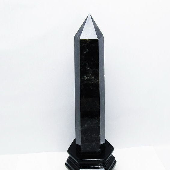 1.4Kg モリオン 黒水晶 六角柱 台座付属 一点物 152-4003