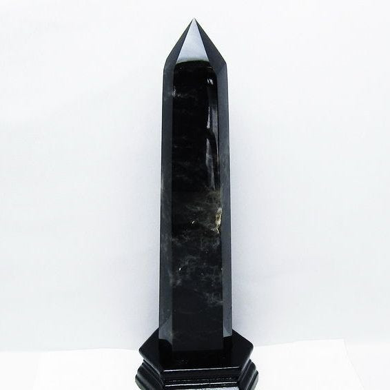 1.6Kg モリオン 黒水晶 六角柱 台座付属 一点物 152-4055