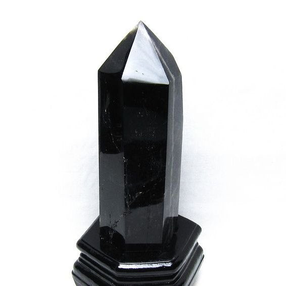 1.1Kg モリオン 六角柱 黒水晶 ポイント 置物 一点物 台座付属 152-4292