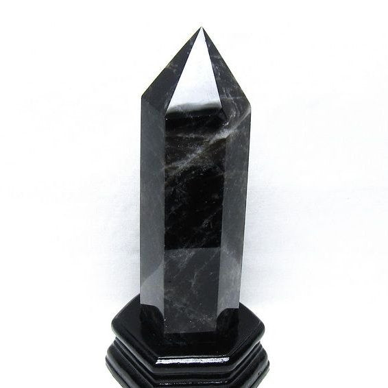 1.1Kg モリオン 六角柱 黒水晶 ポイント 置物 一点物 台座付属 152-4293