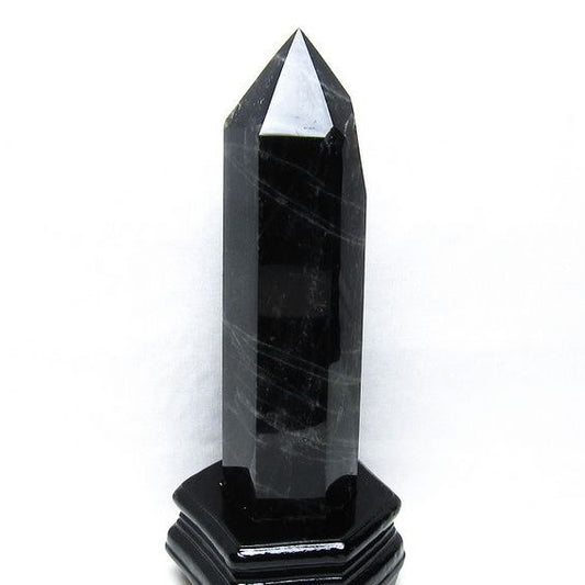 1.1Kg モリオン 六角柱 黒水晶 ポイント 置物 一点物 台座付属 152-4297