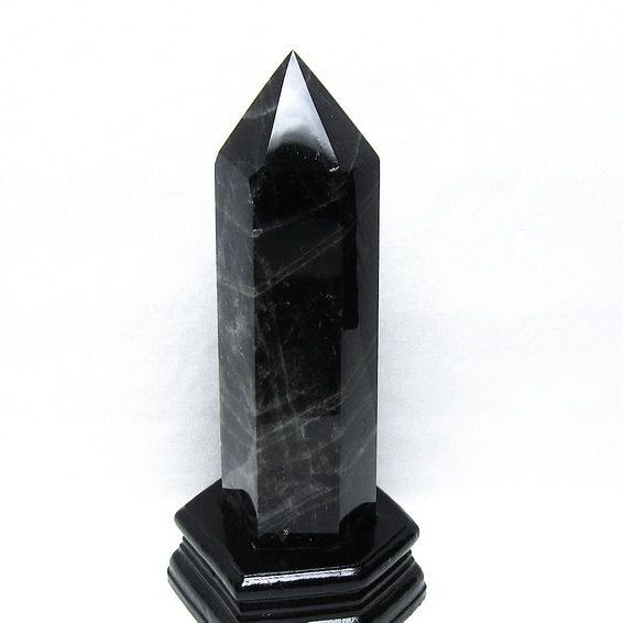 1.1Kg モリオン 六角柱 黒水晶 ポイント 置物 一点物 台座付属 152-4298