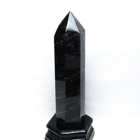 1.1Kg モリオン 六角柱 黒水晶 ポイント 置物 一点物 台座付属 152-4300