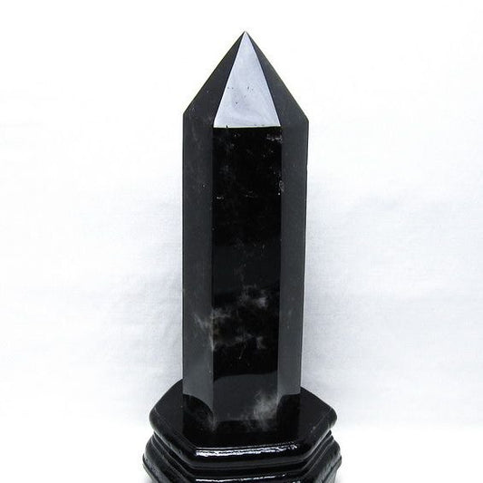 1.4Kg モリオン 六角柱 黒水晶 ポイント 置物 一点物 台座付属 152-4308