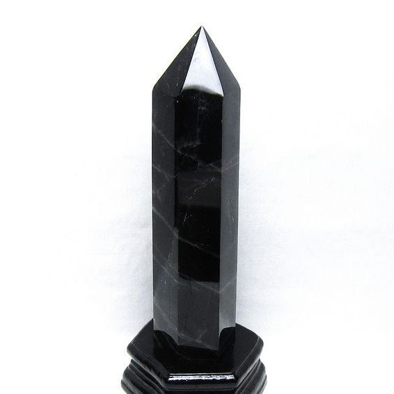 1.1Kg モリオン 六角柱 黒水晶 ポイント 置物 一点物 台座付属 152-4310