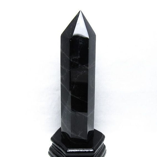 1.1Kg モリオン 六角柱 黒水晶 ポイント 置物 一点物 台座付属 152-4310
