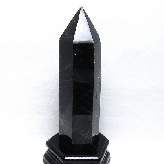 1Kg モリオン 六角柱 黒水晶 ポイント 置物 一点物 台座付属 152-4315