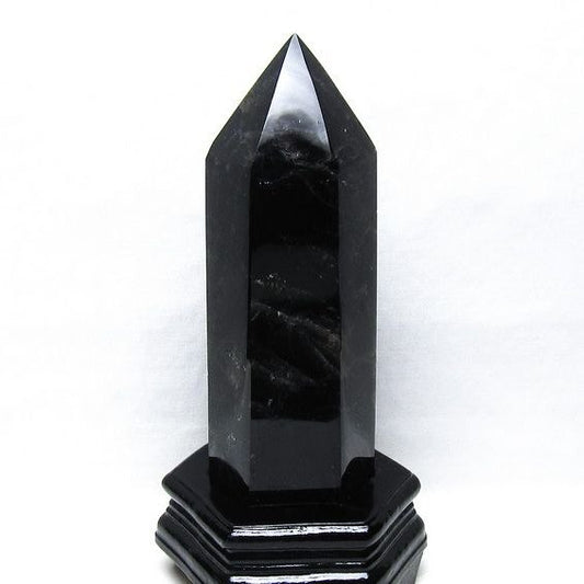1.4Kg モリオン 六角柱 黒水晶 ポイント 置物 一点物 台座付属 152-4316