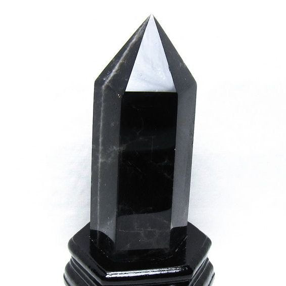 1.4Kg モリオン 六角柱 黒水晶 ポイント 置物 一点物 台座付属 152-4318