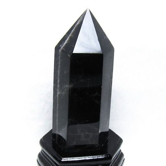 1.4Kg モリオン 六角柱 黒水晶 ポイント 置物 一点物 台座付属 152-4318