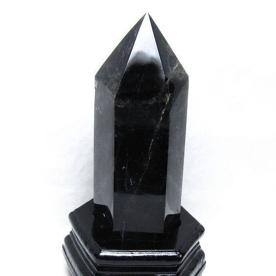 1.1Kg モリオン 六角柱 黒水晶 ポイント 置物 一点物 台座付属 152-4319