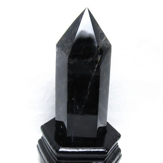 1.1Kg モリオン 六角柱 黒水晶 ポイント 置物 一点物 台座付属 152-4319