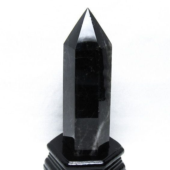 黒水晶 六角柱 モリオン ポイント 置物 一点物 台座付属 152-4322