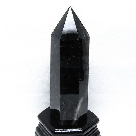 黒水晶 六角柱 モリオン ポイント 置物 一点物 台座付属 152-4322