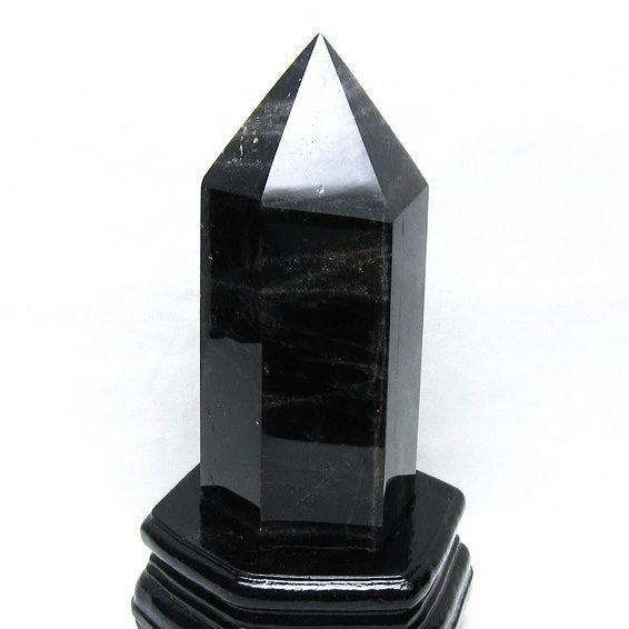 1.1Kg 黒水晶 六角柱 モリオン ポイント 置物 一点物 台座付属 152-4325