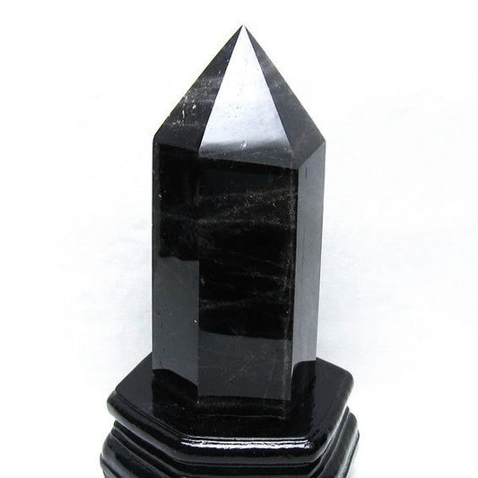 1.1Kg 黒水晶 六角柱 モリオン ポイント 置物 一点物 台座付属 152-4325