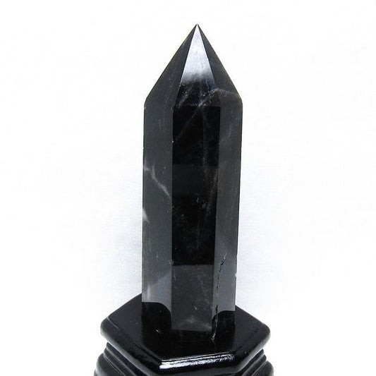 黒水晶 六角柱 モリオン ポイント 置物 一点物 台座付属 152-4327