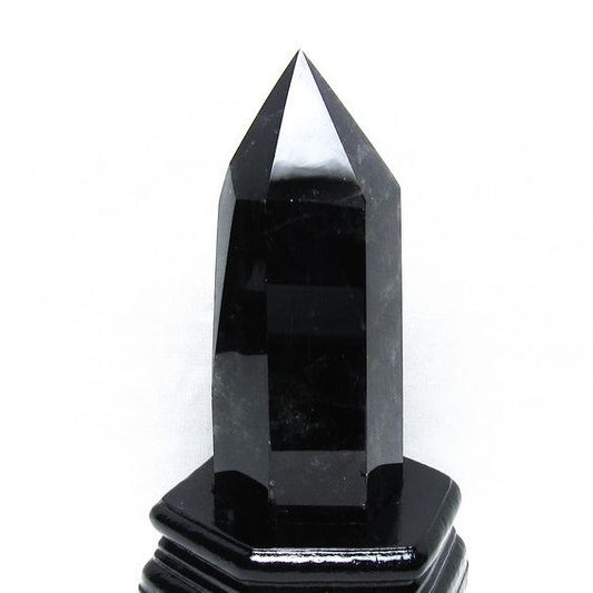 黒水晶 六角柱 モリオン ポイント 置物 一点物 台座付属 152-4328