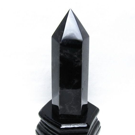 黒水晶 六角柱 モリオン ポイント 置物 一点物 台座付属 152-4330