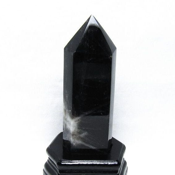 黒水晶 六角柱 モリオン ポイント 置物 一点物 台座付属 152-4335